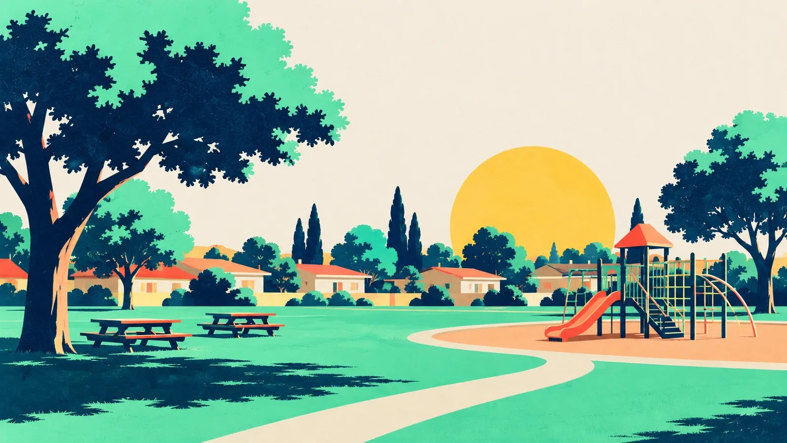 Generated poster art of a neighborhood park with a playground, a lawn, a curving path and picnic tables under trees. Not a photograph.