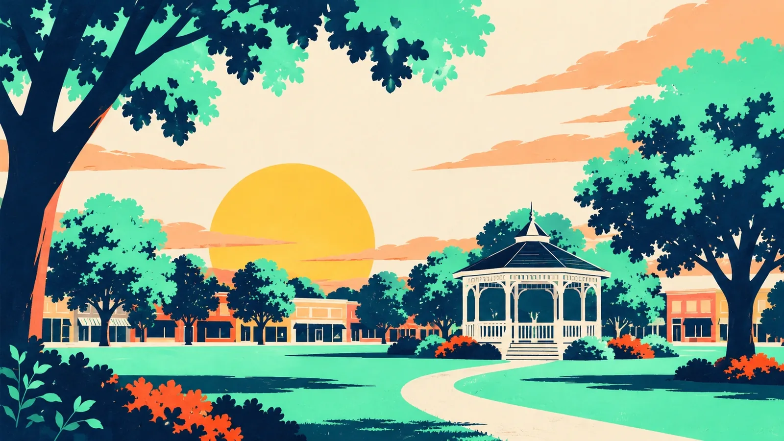 Generated poster art of a white gazebo on a green lawn framed by shade trees, with low downtown storefronts behind. Not a photograph.