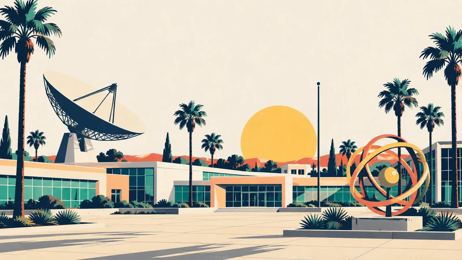 Generated poster art of a low glass and concrete campus with a large satellite dish, an armillary-sphere sculpture, palms and a flagpole. Not a photograph.