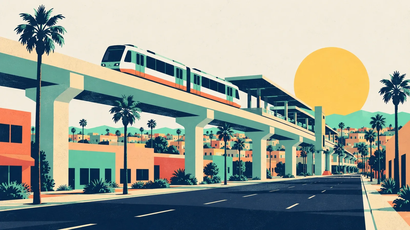 Generated poster art of a light-rail train on a raised concrete guideway leading to a covered station, above a palm-lined avenue of low buildings. Not a photograph.