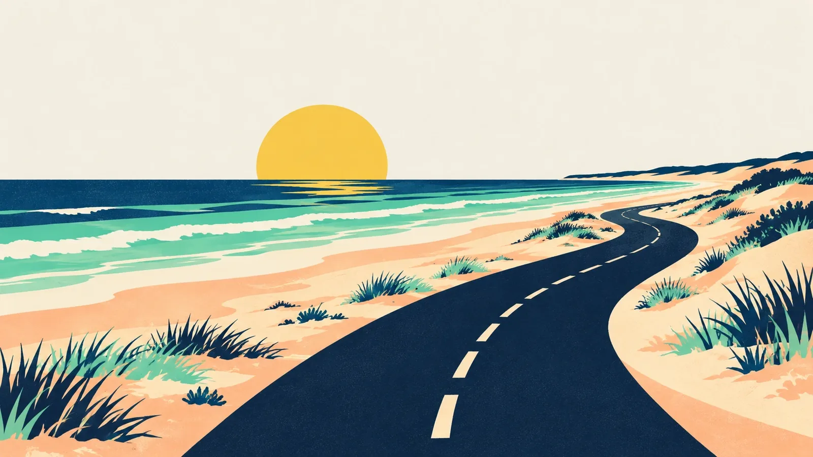 Generated poster art of a paved bike path with a dashed center line curving through low dunes beside the ocean, under a low sun. Not a photograph.