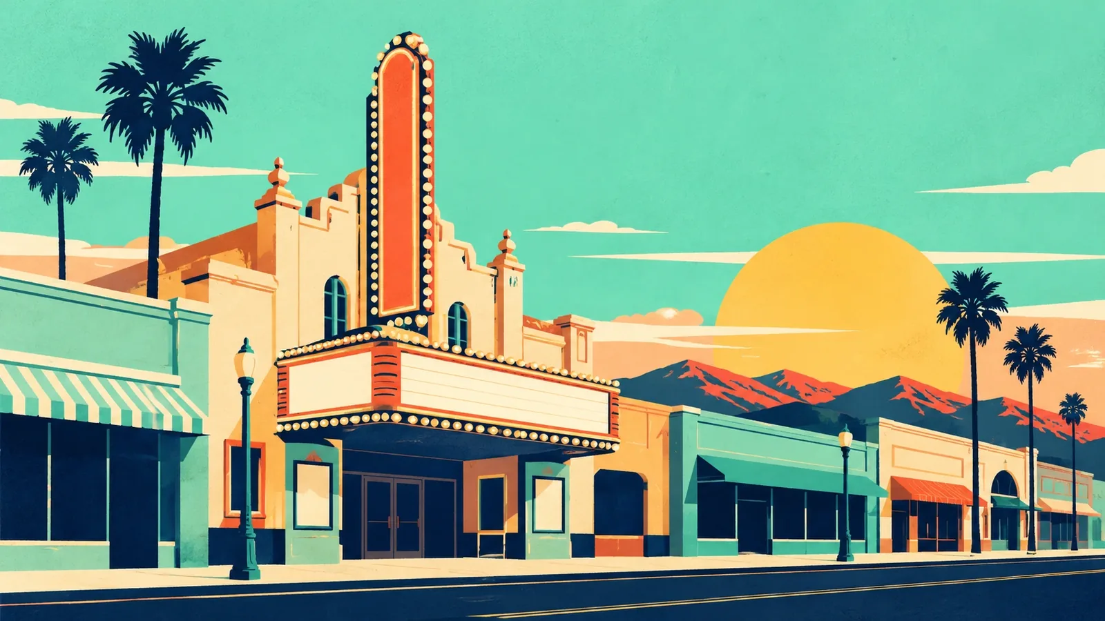 Generated poster art of an old single-screen theater front with a blank marquee and a tall bulb-lit sign, between low storefronts on a palm-lined street. Not a photograph.