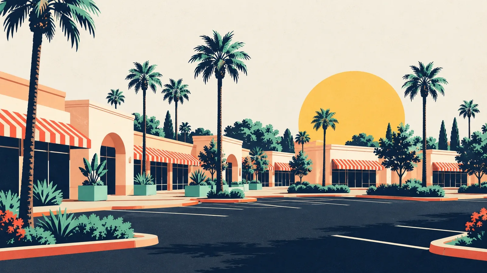 Generated poster art of an outdoor shopping center of low pavilions with striped awnings, palms, planters and an empty parking court. Not a photograph.