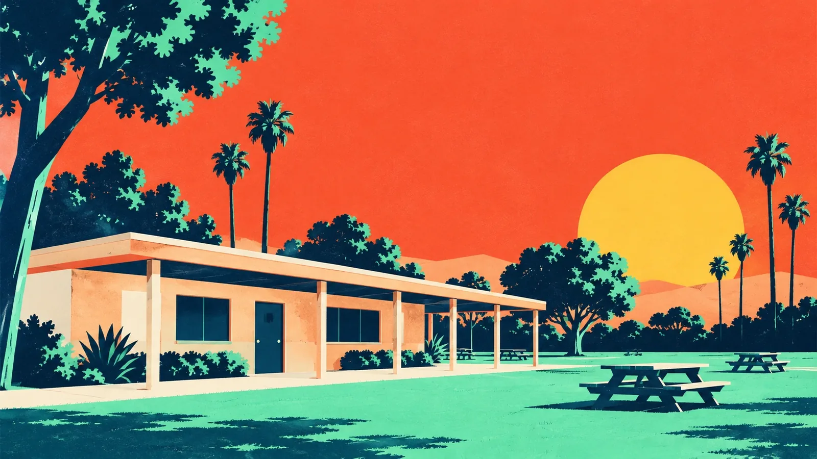 Generated poster art of a small single-story park building with a covered walkway, beside a lawn with picnic tables and palms. Not a photograph.