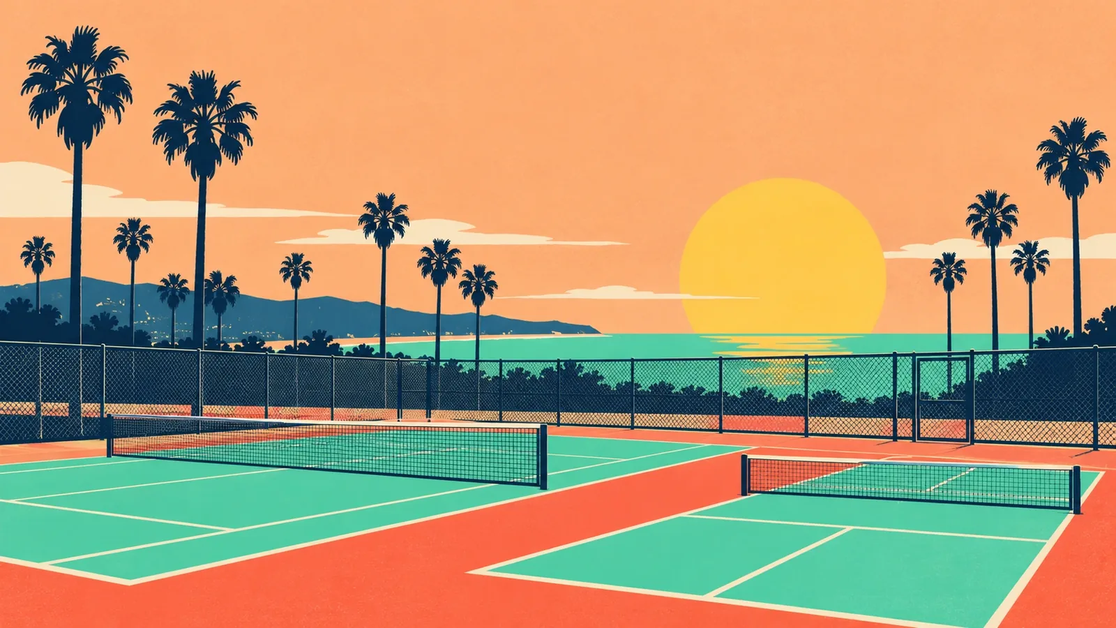 Generated poster art of fenced public courts with low nets and painted lines, palms behind and a low sun over the sea. Not a photograph.