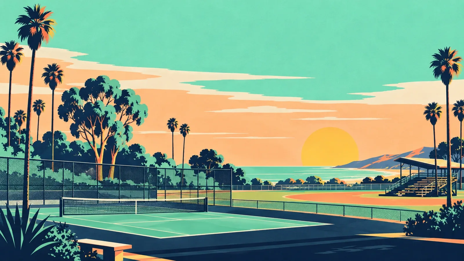 Generated poster art of a palm-lined park with a fenced tennis court, a small grandstand beside a ball field and a low sun over the sea. Not a photograph.