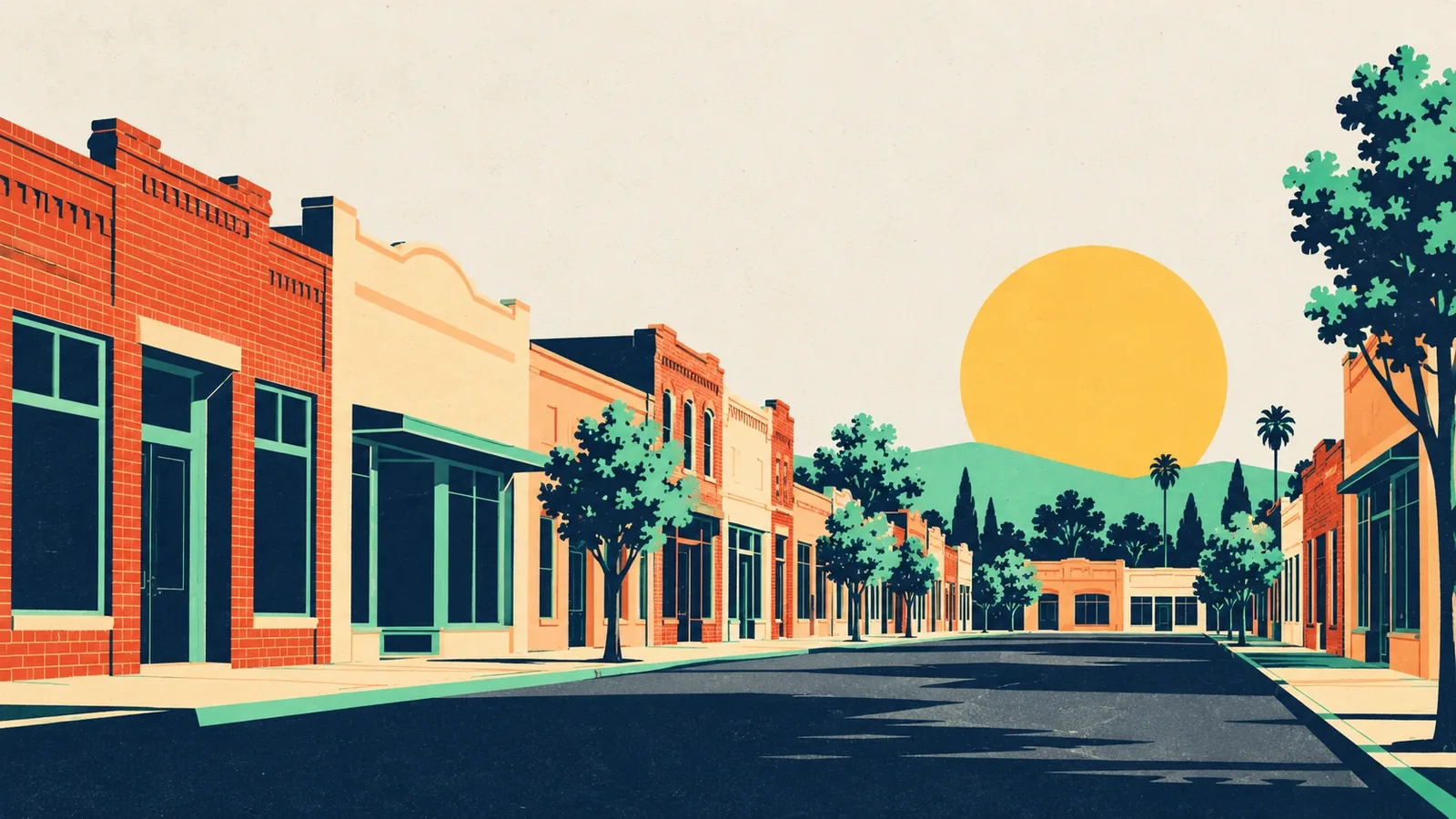Generated poster art of an empty old downtown street lined with low brick and stucco storefronts and a few street trees. Not a photograph.