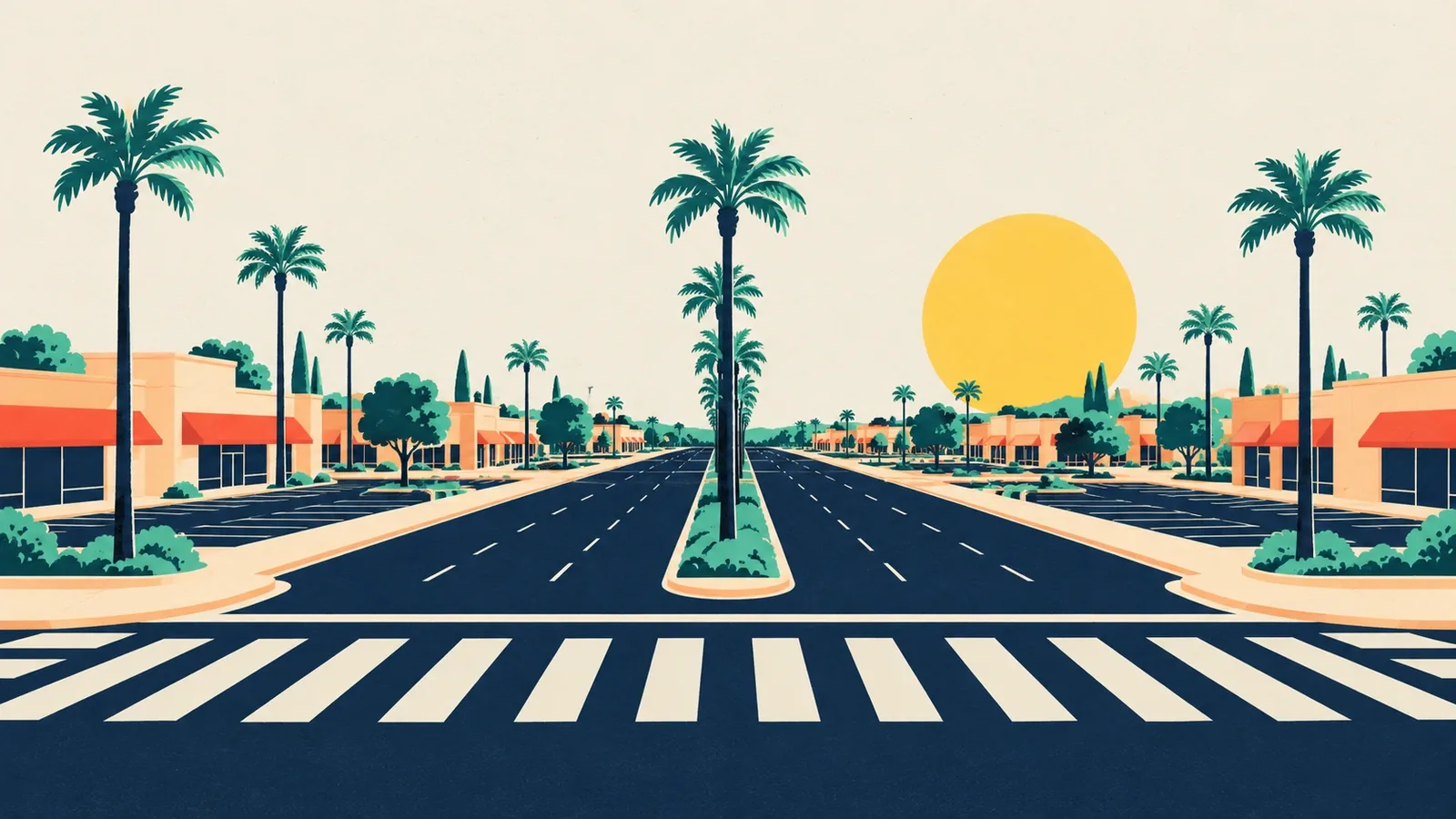 Generated poster art of a wide empty avenue with a palm-planted median and a crosswalk, low shopping centers on both sides. Not a photograph.