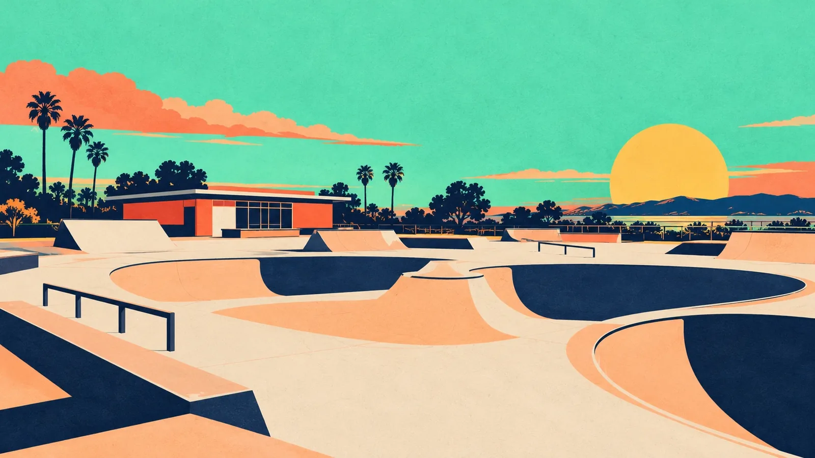 Generated poster art of an empty concrete skate park with smooth bowls, ramps and rails beside a low building, palms behind. Not a photograph.