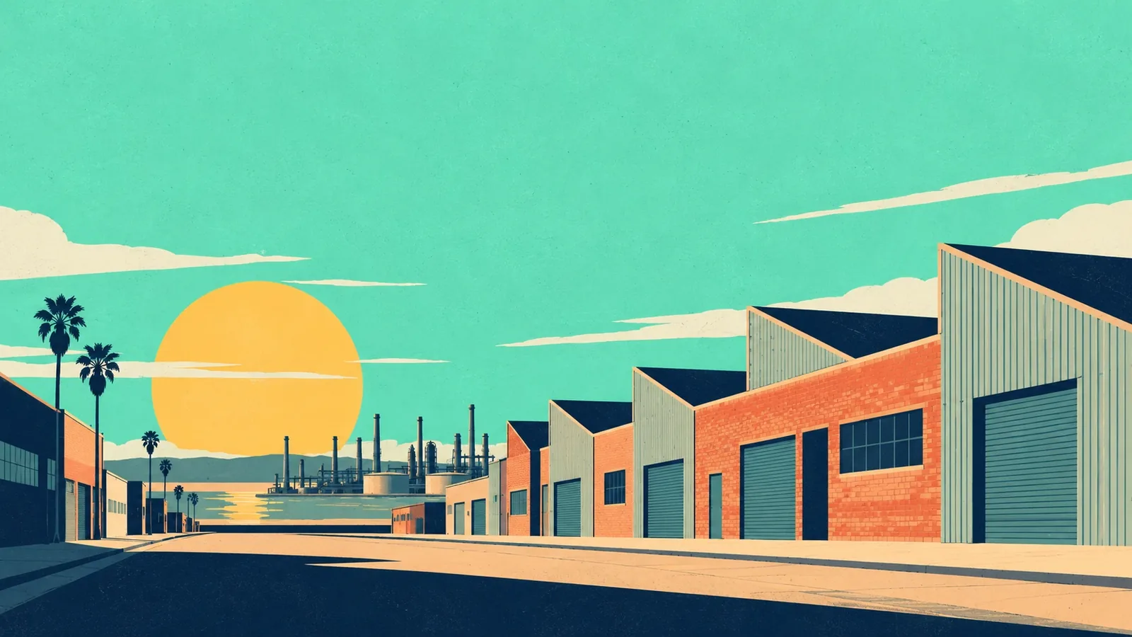 Generated poster art of a street of sawtooth-roof brick and metal workshops with roll-up doors, with refinery stacks far off under a big sun. Not a photograph.