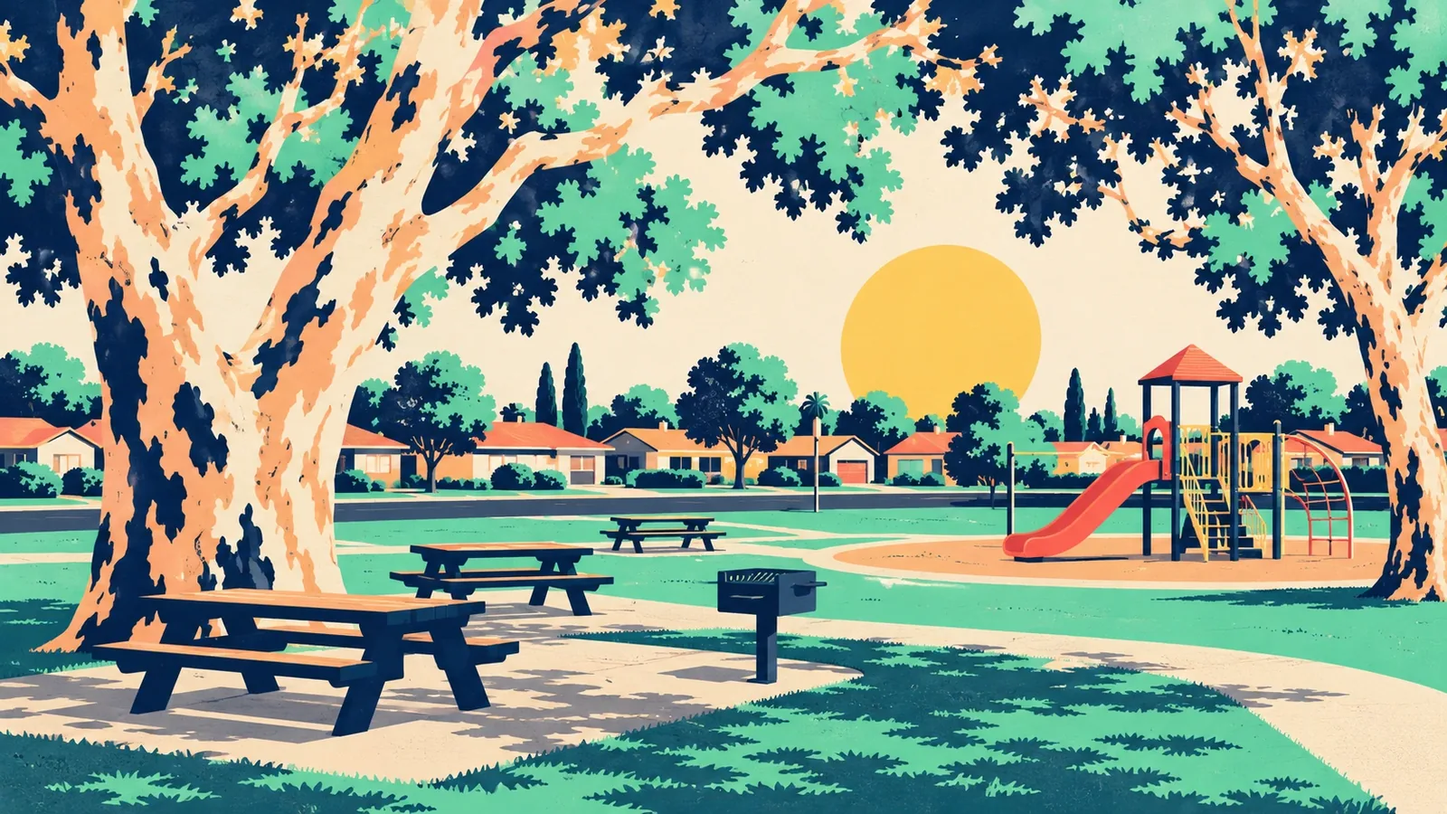 Generated poster art of a park with picnic tables, a barbecue grill and a playground under big mottled sycamore trees. Not a photograph.