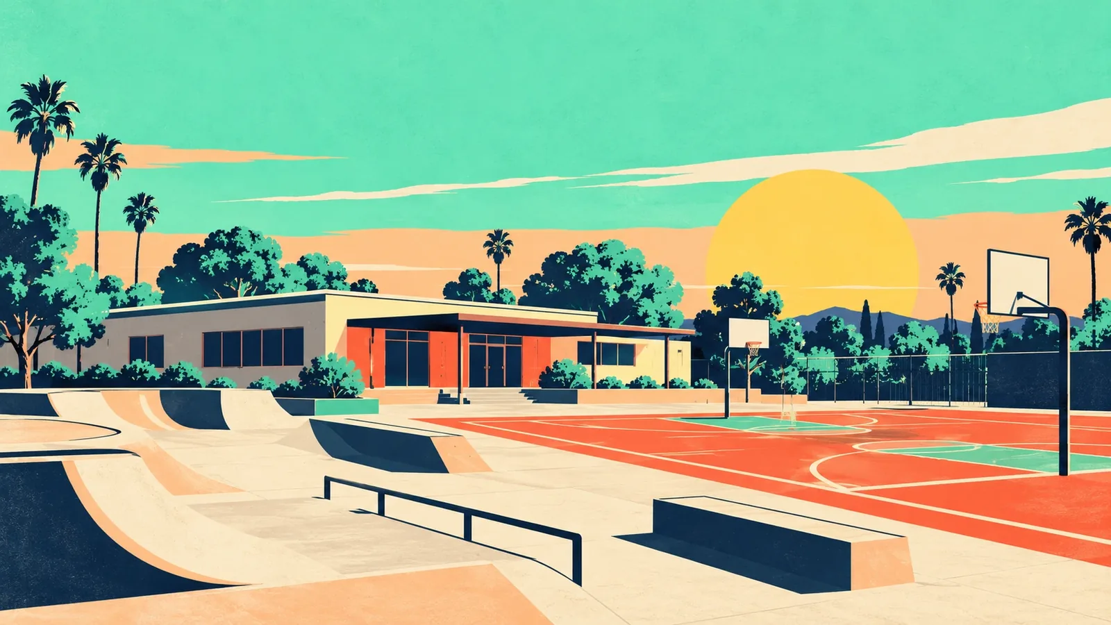 Generated poster art of a low teen center building beside an outdoor basketball court and a concrete skate area, with palms and trees behind. Not a photograph.
