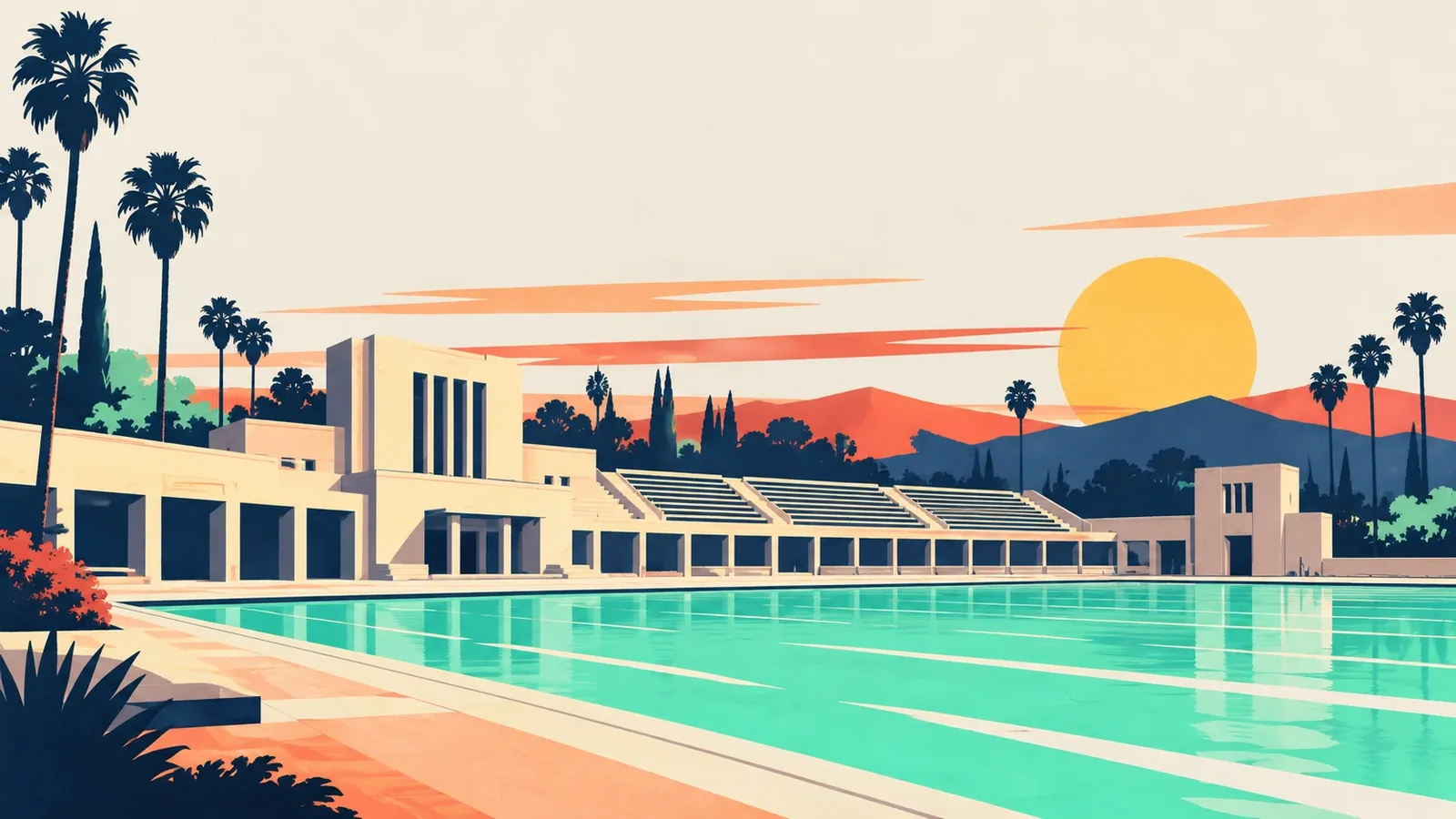 Generated poster art of a 1930s-style swim stadium with a long outdoor pool, rows of stands and palms under a low sun. Not a photograph.