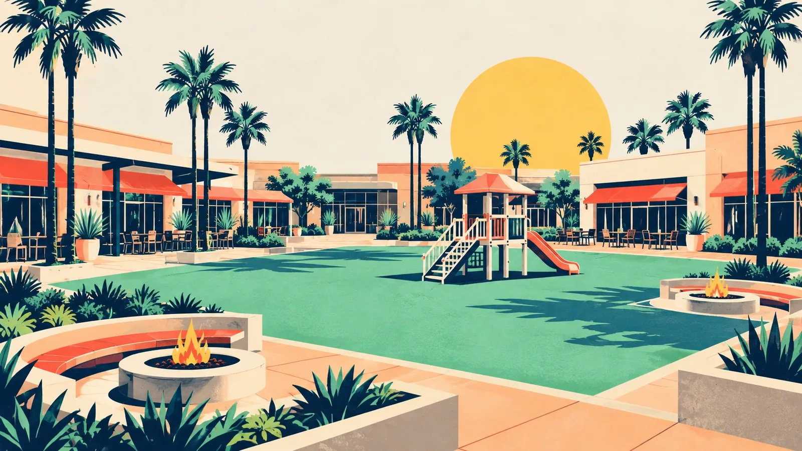 Generated poster art of an open-air shopping and dining courtyard with a lawn, fire pits, a small play structure, awnings and palms. Not a photograph.
