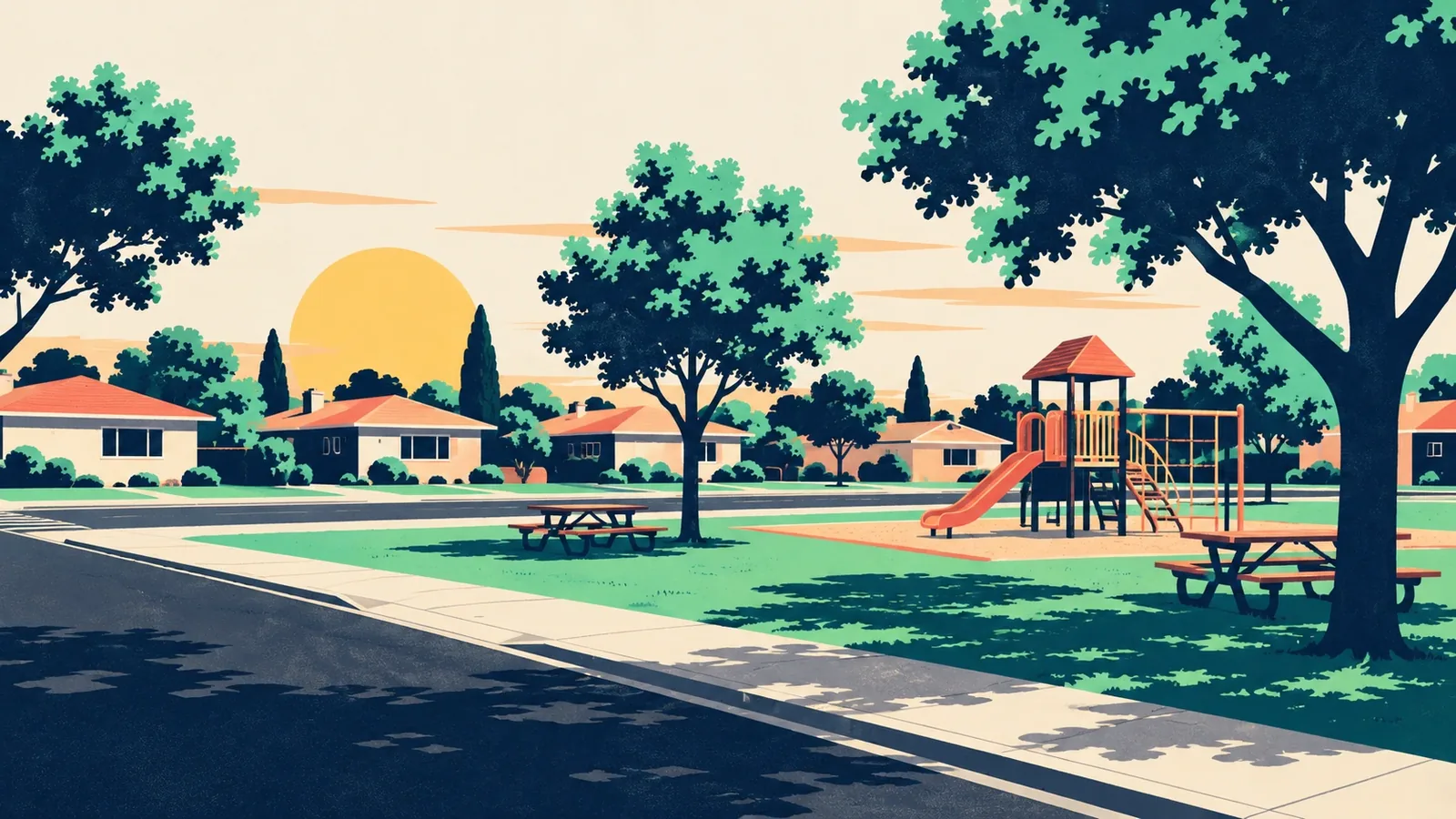 Generated poster art of a neighborhood park with a playground and picnic tables beside a residential street of low houses. Not a photograph.