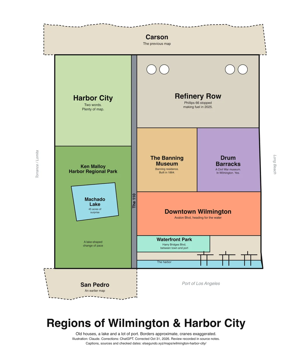 Illustrated regions of Wilmington & Harbor City; the complete captions and layout description follow.