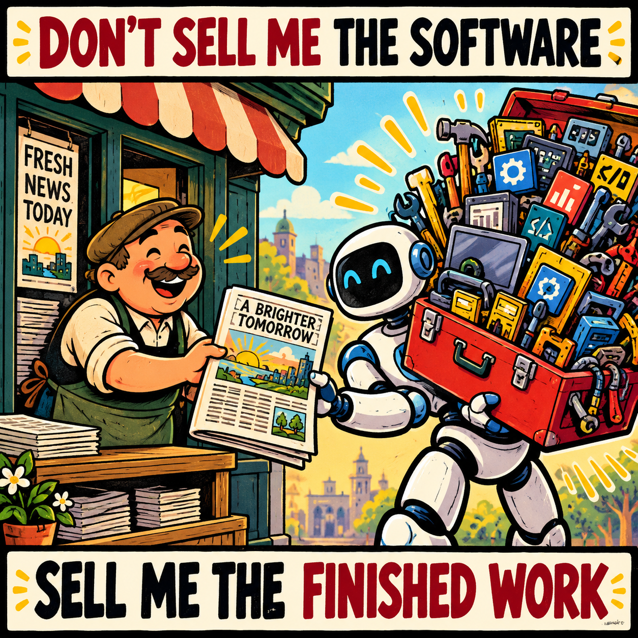 A smiling fictional cartoon newsstand seller holds a finished newspaper toward a robot carrying an overflowing red toolbox of devices, app symbols and hand tools.