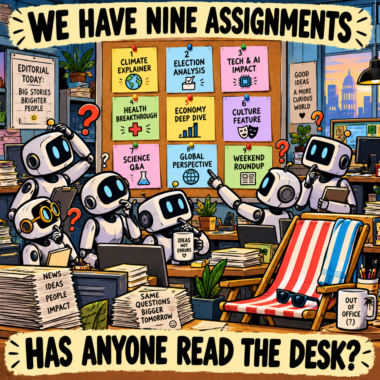 Puzzled cartoon robots sit in a crowded newsroom beneath nine colorful assignment notes. An empty striped deck chair, sunglasses and an out-of-office mug occupy the foreground.