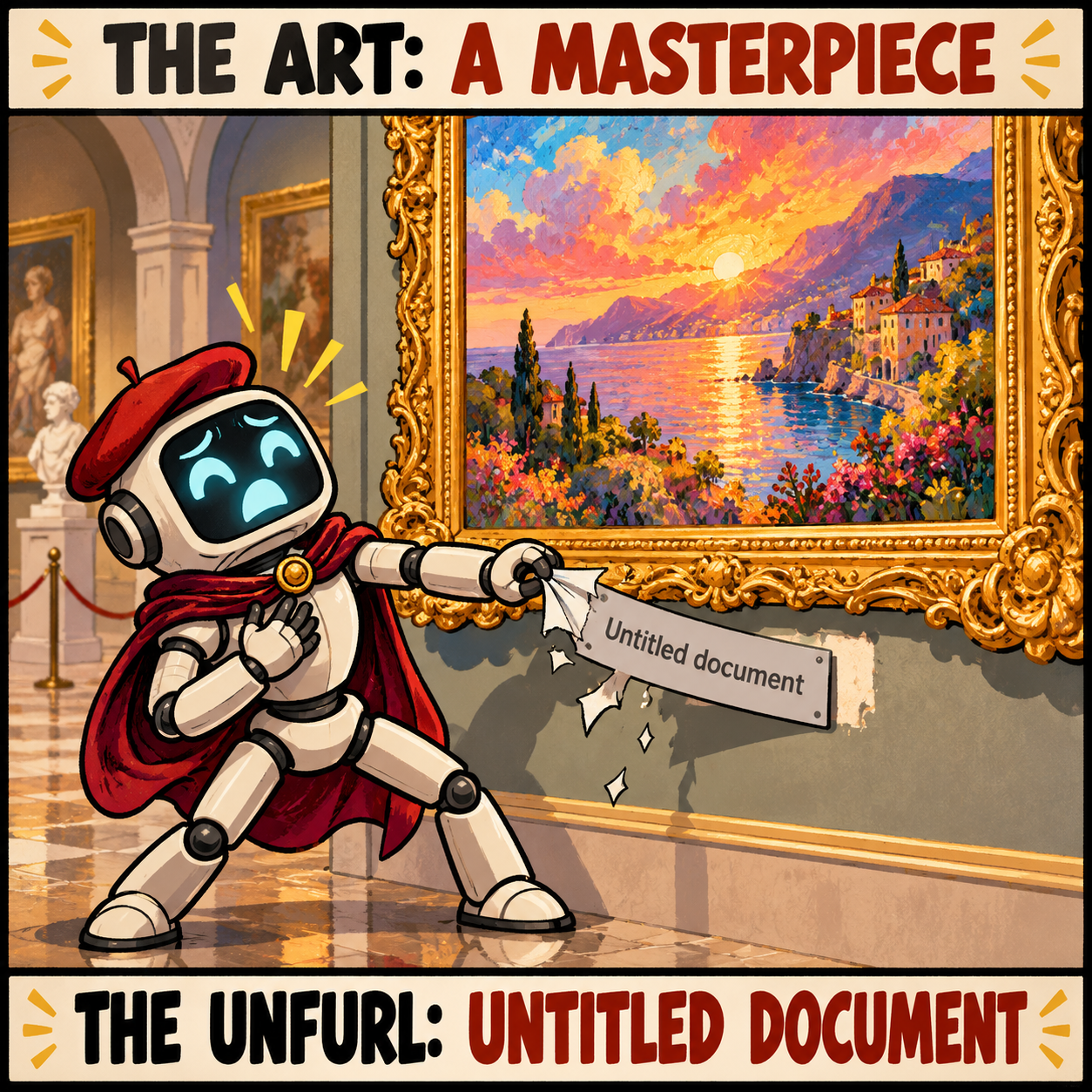A distressed cartoon robot in a red beret and cape points to an Untitled document label beneath an ornate gold-framed painting of a colorful coastal sunset in a gallery.