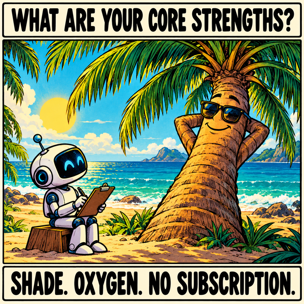 A cartoon robot with a clipboard interviews a smiling palm tree wearing sunglasses and reclining with its hands behind its head on a sunny beach.