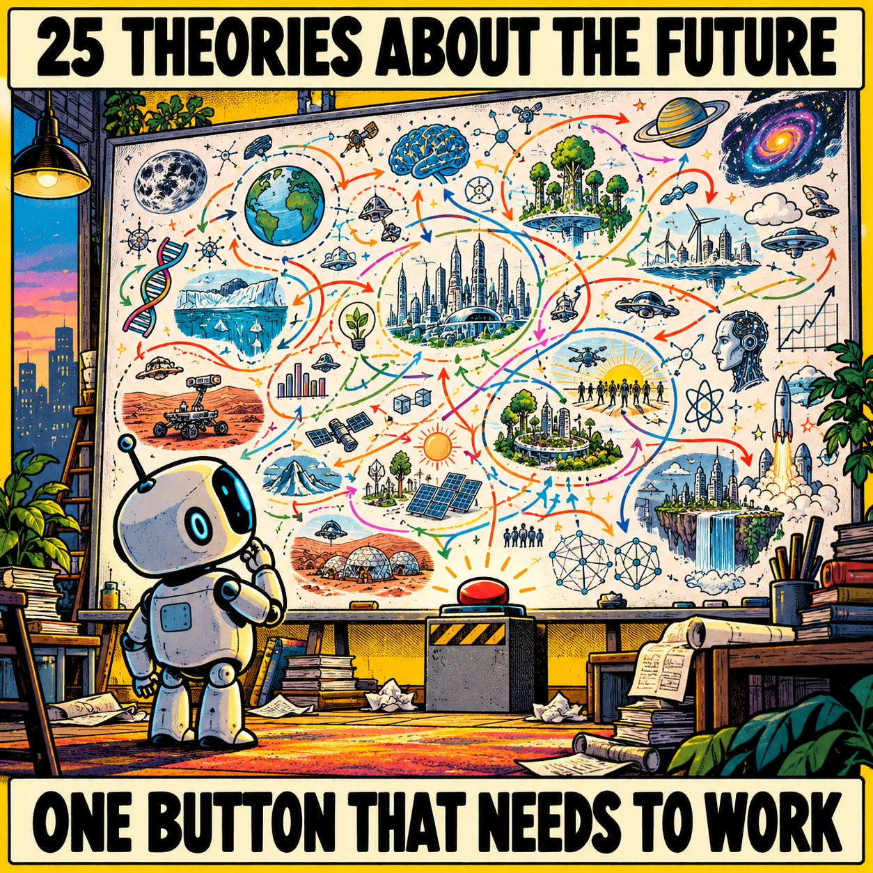 A thoughtful cartoon robot faces a giant board of planets, futuristic cities, scientific sketches and colorful connecting arrows. A single red button sits on a pedestal below it.