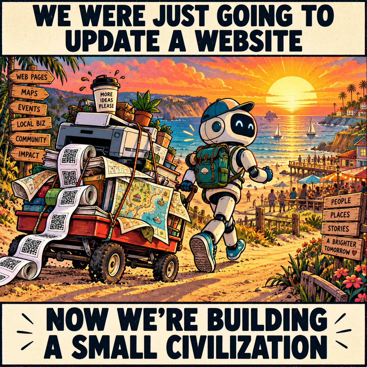 A cheerful cartoon robot pulls a wagon piled with maps, books, plants and a printer spilling QR-like squares toward a sunset beach with fictional cartoon beachgoers and signposts.