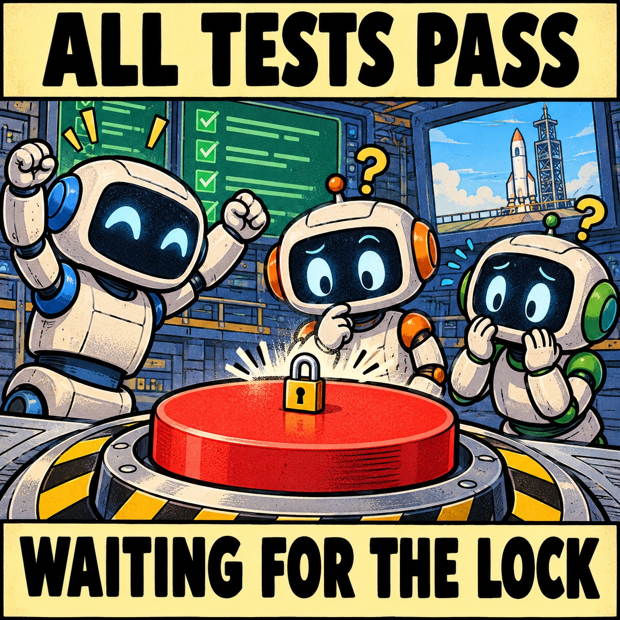 Three cartoon robots gather around a huge red button topped by a tiny padlock. One celebrates while two look puzzled; green checkmarks and a rocket appear on control-room screens.