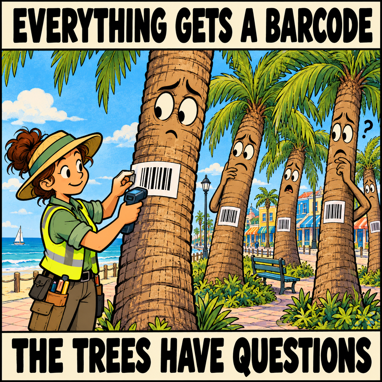 A fictional cartoon worker scans a barcode attached to a palm tree beside the beach. A row of palms with worried faces and their own barcode labels watches.