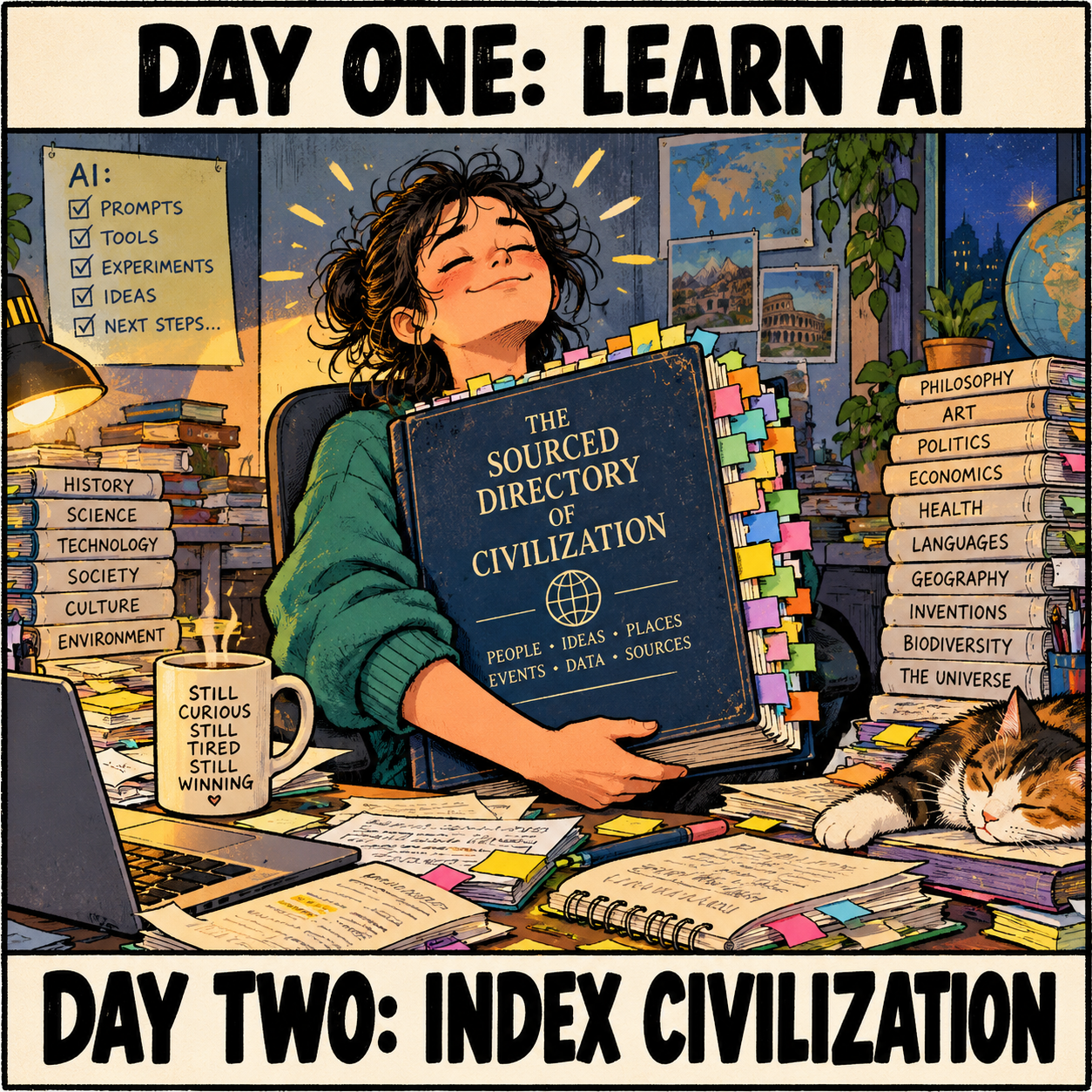 A fictional cartoon student hugs an enormous, tab-filled book titled The Sourced Directory of Civilization. Books, notes, a laptop and a sleeping cat crowd the desk.