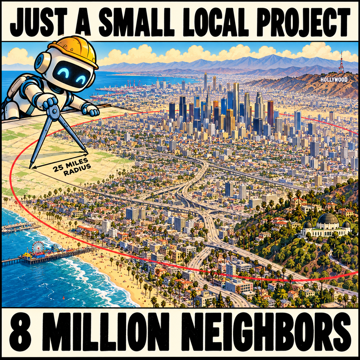 A cartoon robot in a hard hat draws a wide red circle with a compass over an imagined Los Angeles panorama of towers, beaches, freeways, hills and landmarks.