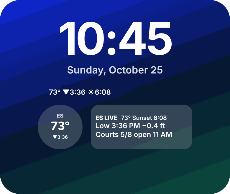 Preview of a lock screen with the inline, circular and rectangular ES Live accessories under the clock.